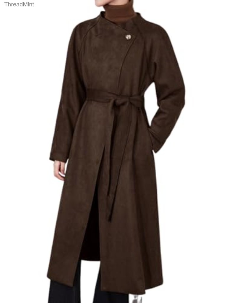Faux Suede Long Trench Coat Belted Open Front Women Overcoat